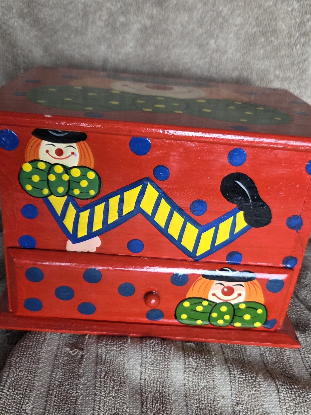 Vintage Hand-painted Clown-Themed Decorative Wooden Jewelry Box